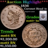 ***Auction Highlight*** 1836 Coronet Head Large Cent 1c Graded ms63+ bn BY SEGS (fc)