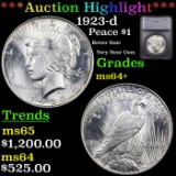 ***Auction Highlight*** 1923-d Peace Dollar $1 Graded ms64+ BY SEGS (fc)