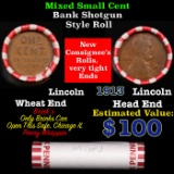 Mixed small cents 1c orig shotgun roll, 1913-p Lincoln Cent, Wheat Cent other end, Brinks Wrapper.