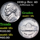 1939-p Jefferson Nickel Rev 40 5c Grades GEM+ 5fs