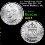 1945 Great Britain 6 Pence Sixpence Silver KM# 852 Grades Choice+ Unc
