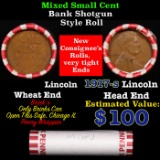 Mixed small cents 1c orig shotgun roll, 1917-s Lincoln Cent,Wheat Cent other end, Brinks Wrapper.