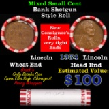 Mixed small cents 1c orig shotgun roll, 1934-p Lincoln Cent, Wheat Cent other end, Brinks Wrapper.