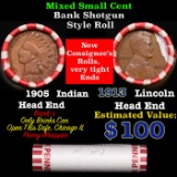 Mixed small cents 1c orig shotgun roll, 1913-p Wheat Cent, 1905 Indian Cent other end, Brinks Wrappe