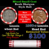 Mixed small cents 1c orig shotgun roll, 1950-s Lincoln Cent, Wheat Cent other end, Brinks Wrapper.