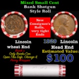 Mixed small cents 1c orig shotgun roll, 1929-p Lincoln Cent,Wheat Cent other end, Brinks Wrapper.