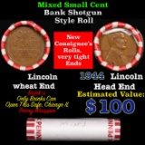 Mixed small cents 1c orig shotgun roll, 1944-p Lincoln Cent, Wheat Cent other end, Brinks Wrapper.