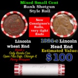 Mixed small cents 1c orig shotgun roll, 1924-s Lincoln Cent, Wheat Cent other end, Brinks Wrapper.