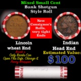 Mixed small cents 1c orig shotgun roll, Wheat Cent, 1903 Indian Cent other end, Brinks Wrapper.