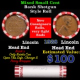Mixed small cents 1c orig shotgun roll, 1928-p Lincoln Cent,Wheat Cent other end, Brinks Wrapper.