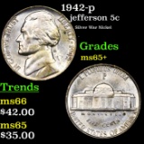 1942-p Jefferson Nickel 5c Grades GEM+ Unc