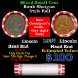 Mixed small cents 1c orig shotgun roll, 1937-p Lincoln Cent,Wheat Cent other end, Brinks Wrapper.