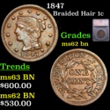 1847 Braided Hair Large Cent 1c Graded ms62 bn By SEGS