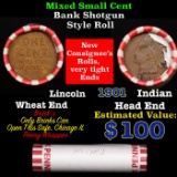 Mixed small cents 1c orig shotgun roll, Wheat Cent, 1901 Indian Cent other end, Brinks Wrapper.