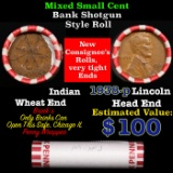 Mixed small cents 1c orig shotgun roll, 1938-p Lincoln Cent, Wheat Cent other end, Brinks Wrapper.