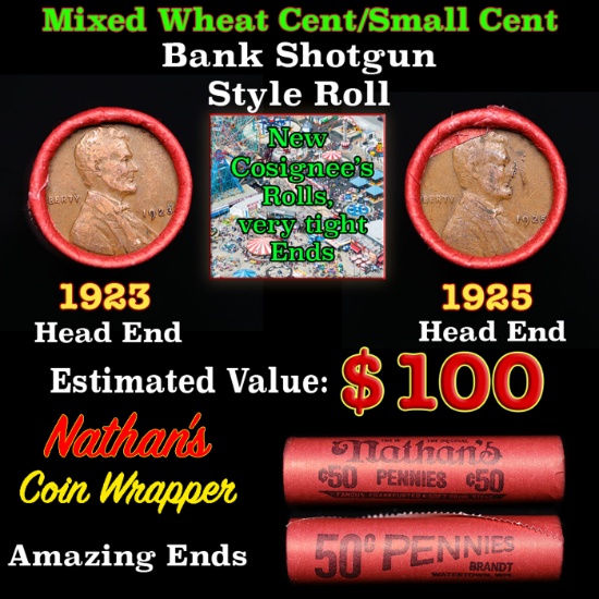 Mixed small cents 1c orig shotgun roll, 1925-p Lincoln Cent, 1923-p Lincoln Cent other end, Nathan's