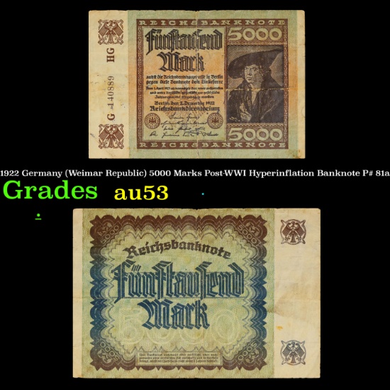 1922 Germany (Weimar Republic) 5000 Marks Post-WWI Hyperinflation Banknote P# 81a Grades Select AU