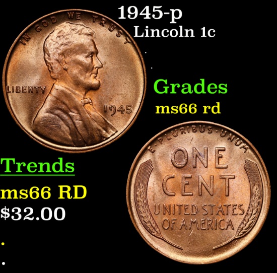 1945-p Lincoln Cent 1c Grades GEM+ Unc RD
