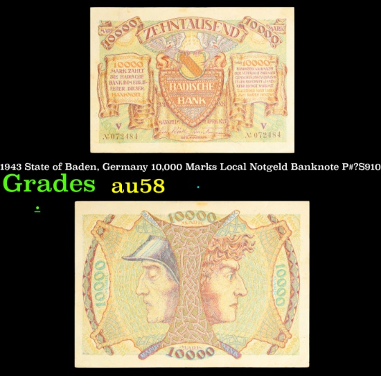 1943 State of Baden, Germany 10,000 Marks Local Notgeld Banknote P#?S910 Grades Choice AU/BU Slider