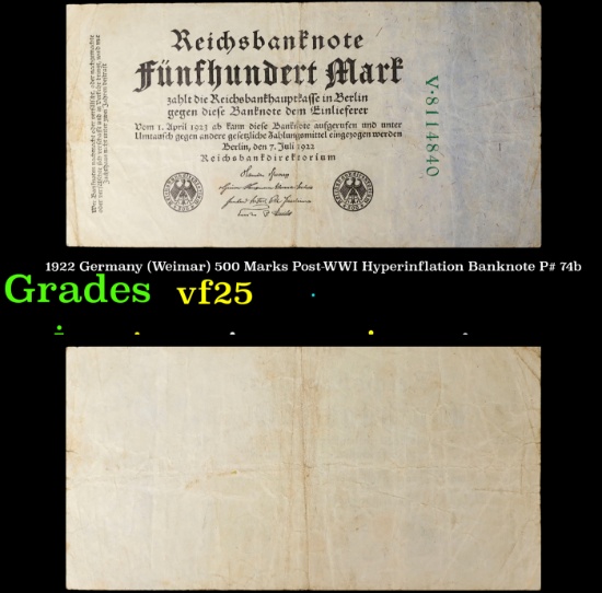 1922 Germany (Weimar) 500 Marks Post-WWI Hyperinflation Banknote P# 74b Grades vf+