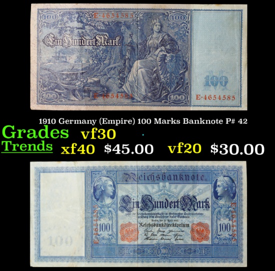 1910 Germany (Empire) 100 Marks Banknote P# 42 Grades vf++