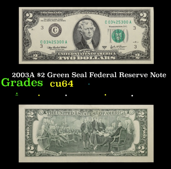 2003A $2 Green Seal Federal Reserve Note Grades Choice CU