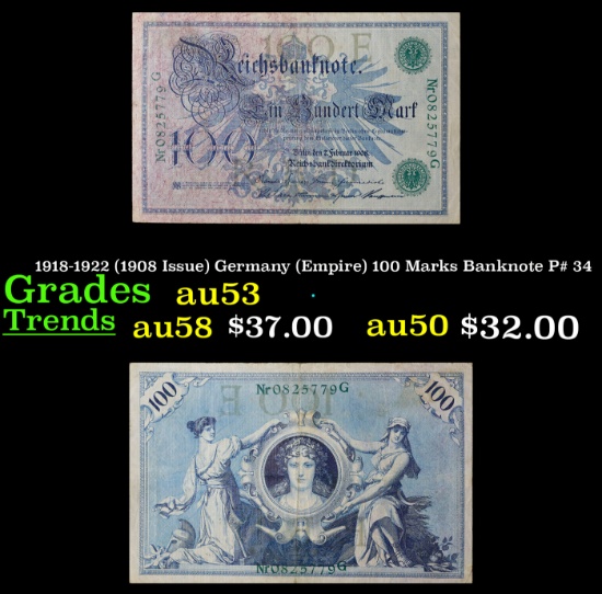 1918-1922 (1908 Issue) Germany (Empire) 100 Marks Banknote P# 34 Grades Select AU