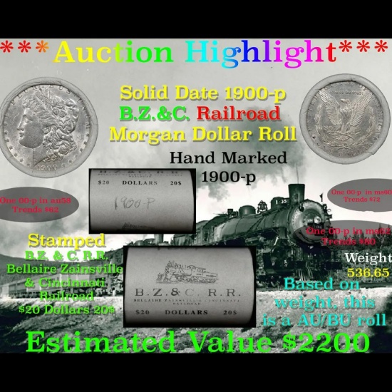 ***Auction Highlight*** Full solid date 1900-P Au/Bu Slider Morgan silver dollar roll, 20 coins (fc)
