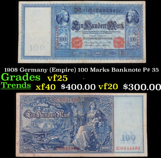 1908 Germany (Empire) 100 Marks Banknote P# 35 Grades vf+