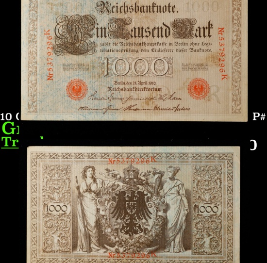 1910 Germany (Empire) 1000 Marks Banknote P# 44b Grades Choice AU/BU Slider