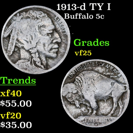 1913-d TY I Buffalo Nickel 5c Grades vf+
