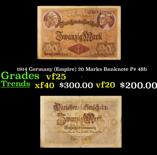 1914 Germany (Empire) 20 Marks Banknote P# 48b Grades vf+