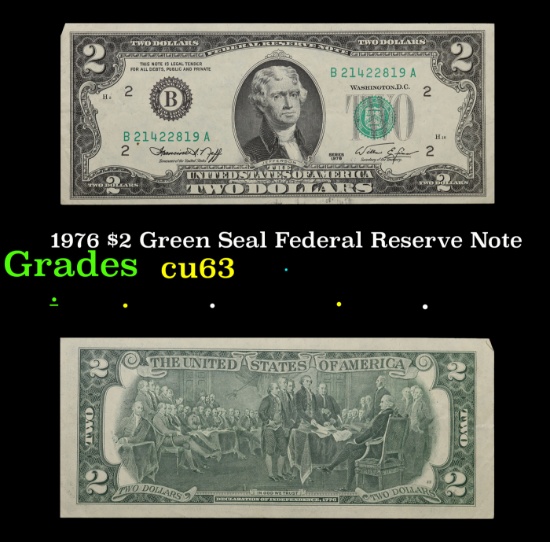 1976 $2 Green Seal Federal Reserve Note Grades Select CU
