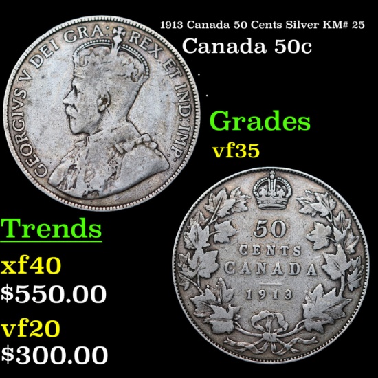 1913 Canada 50 Cents Silver KM# 25 Grades vf++