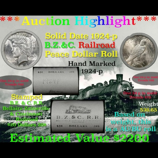 ***Auction Highlight*** Full solid date 1924-p Au/Bu Slider Peace silver dollar roll, 20 coins (fc)