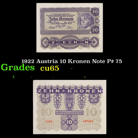 1922 Austria 10 Kronen Note P# 75 Grades Gem CU