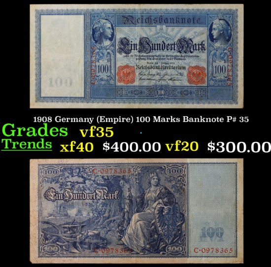 1908 Germany (Empire) 100 Marks Banknote P# 35 Grades vf++