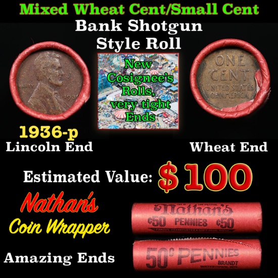 Mixed small cents 1c orig shotgun roll, 1936-p Lincoln Cent, Wheat Cent other end, Nathan's Brandt W