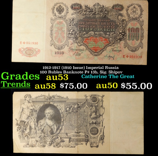 1912-1917 (1910 Issue) Imperial Russia 100 Rubles Banknote P# 13b, Sig. Shipov Grades Select AU