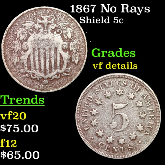 1867 No Rays Shield Nickel 5c Grades vf details