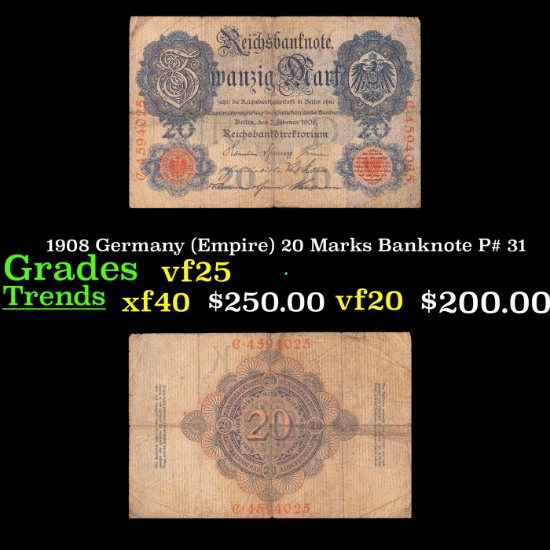 1908 Germany (Empire) 20 Marks Banknote P# 31 Grades vf+