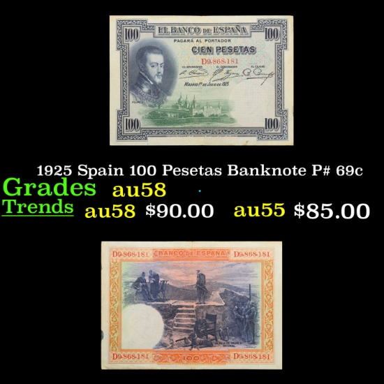 1925 Spain 100 Pesetas Banknote P# 69c Grades Choice AU/BU Slider