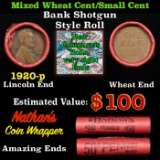 Mixed small cents 1c orig shotgun roll, 1920-p Lincoln Cent, Wheat Cent other end, Nathan's Brandt W