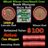 Mixed small cents 1c orig shotgun roll, 1928-p Lincoln Cent,Wheat Cent other end, Nathan's Brandt Wr