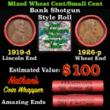 Mixed small cents 1c orig shotgun roll, 1926-p Lincoln Cent, 1919-d Lincoln Cent other end, Nathan's