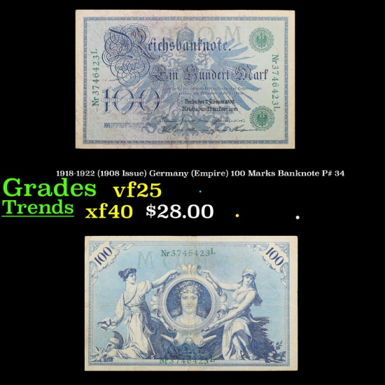 1918-1922 (1908 Issue) Germany (Empire) 100 Marks Banknote P# 34 Grades vf+