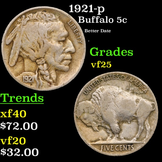 1921-p Buffalo Nickel 5c Grades vf+