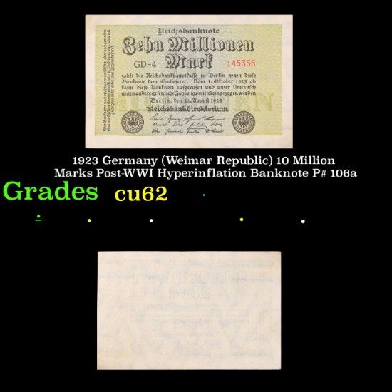 1923 Germany (Weimar Republic) 10 Million Marks Post-WWI Hyperinflation Banknote P# 106a Grades Sele