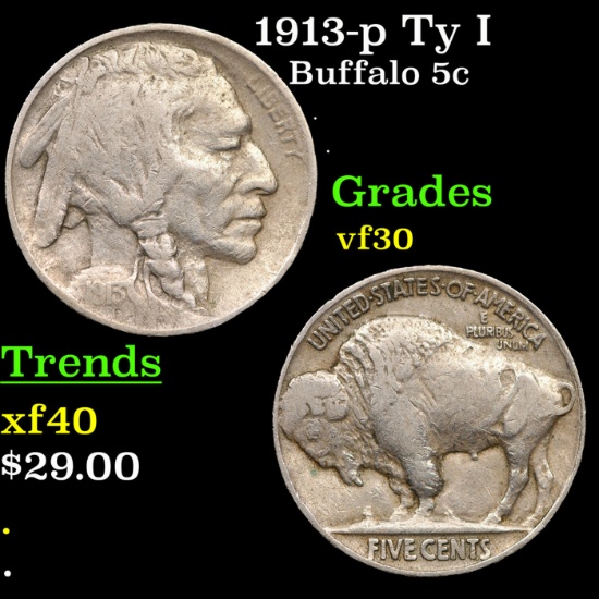 1913-p Ty I Buffalo Nickel 5c Grades vf++