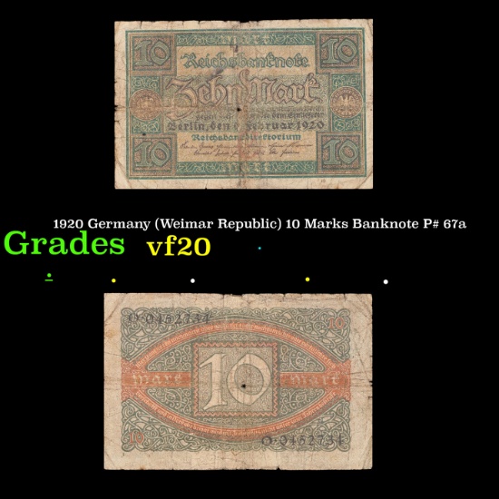1920 Germany (Weimar Republic) 10 Marks Banknote P# 67a Grades vf, very fine